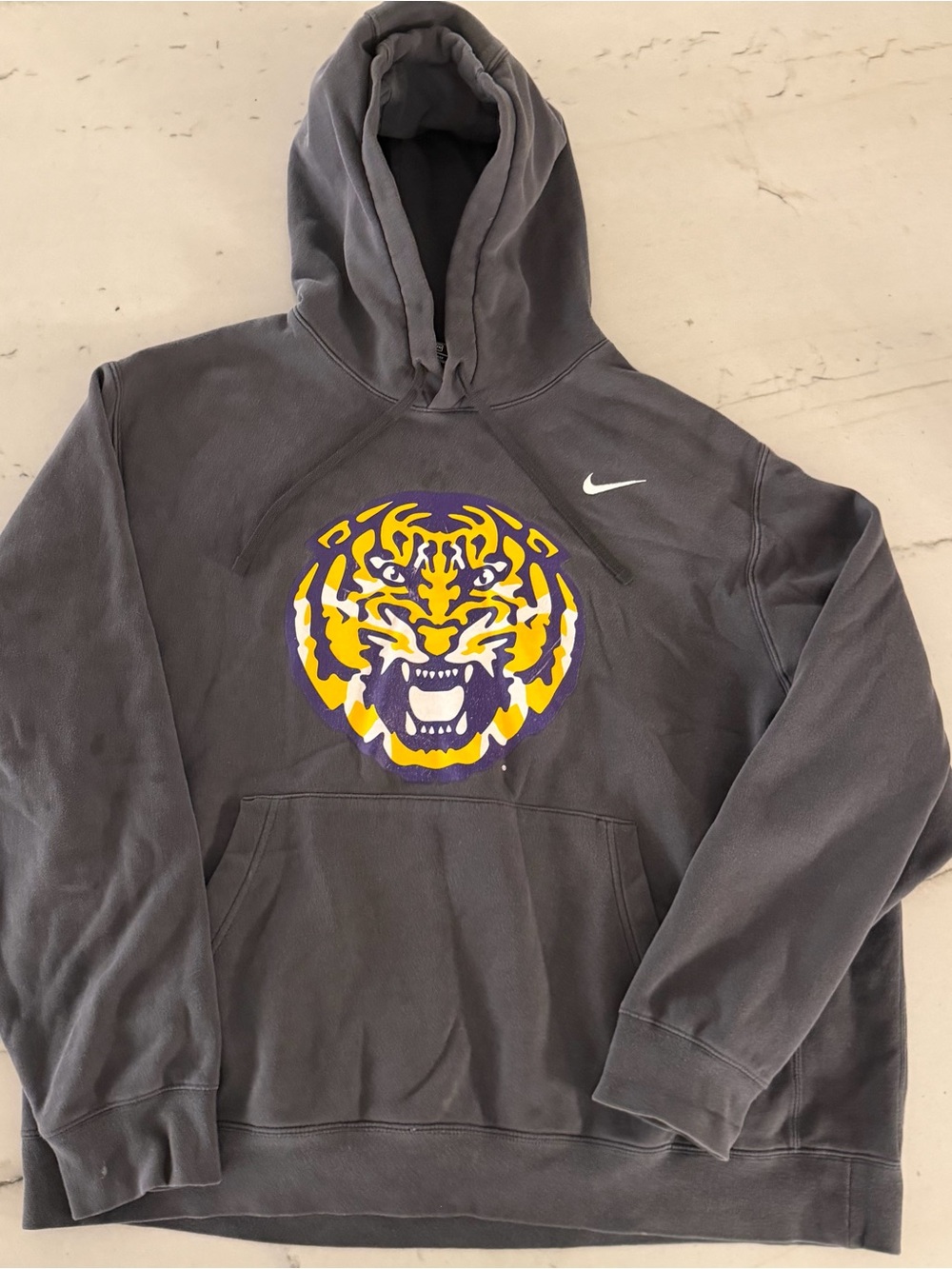 Nike Men’s Gray Zip-Up Hoodie with Yellow & Purple Tiger Graphic